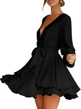 Cosonsen Women's Dress Deep V-Neck Long Sleeve Waist Tie Ruffle Mini Swing Skate